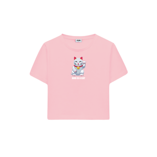POLERA BABY TEE GOD IS A CAT (ROSADA)