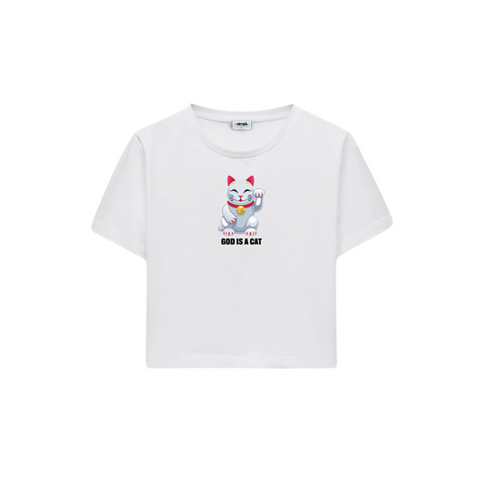 POLERA BABY TEE GOD IS A CAT (BLANCA)