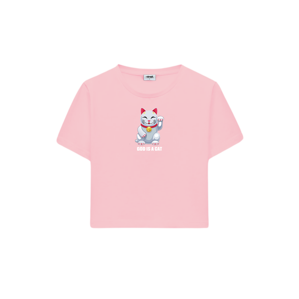 POLERA BABY TEE GOD IS A CAT (ROSADA)