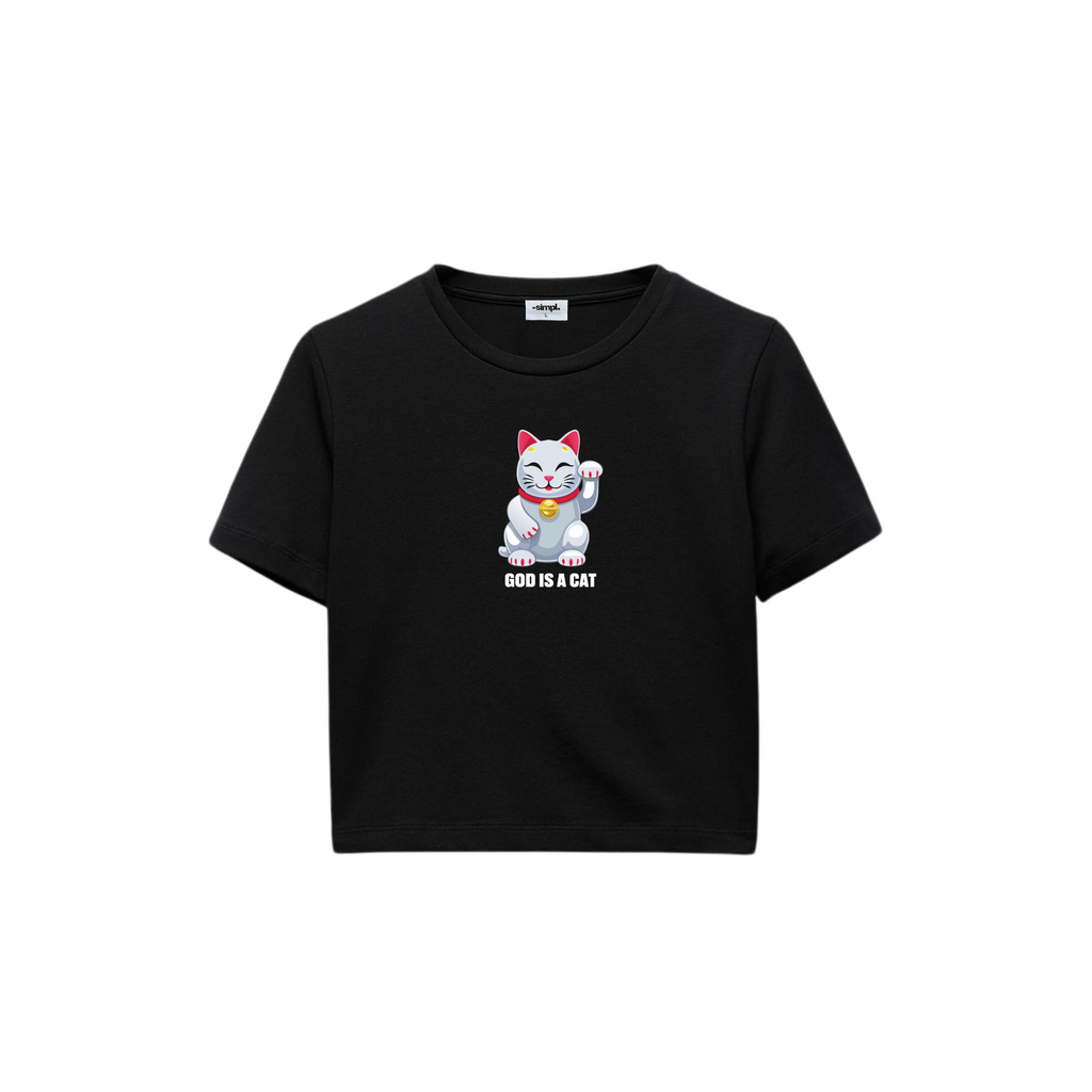 POLERA BABY TEE GOD IS A CAT (NEGRA)