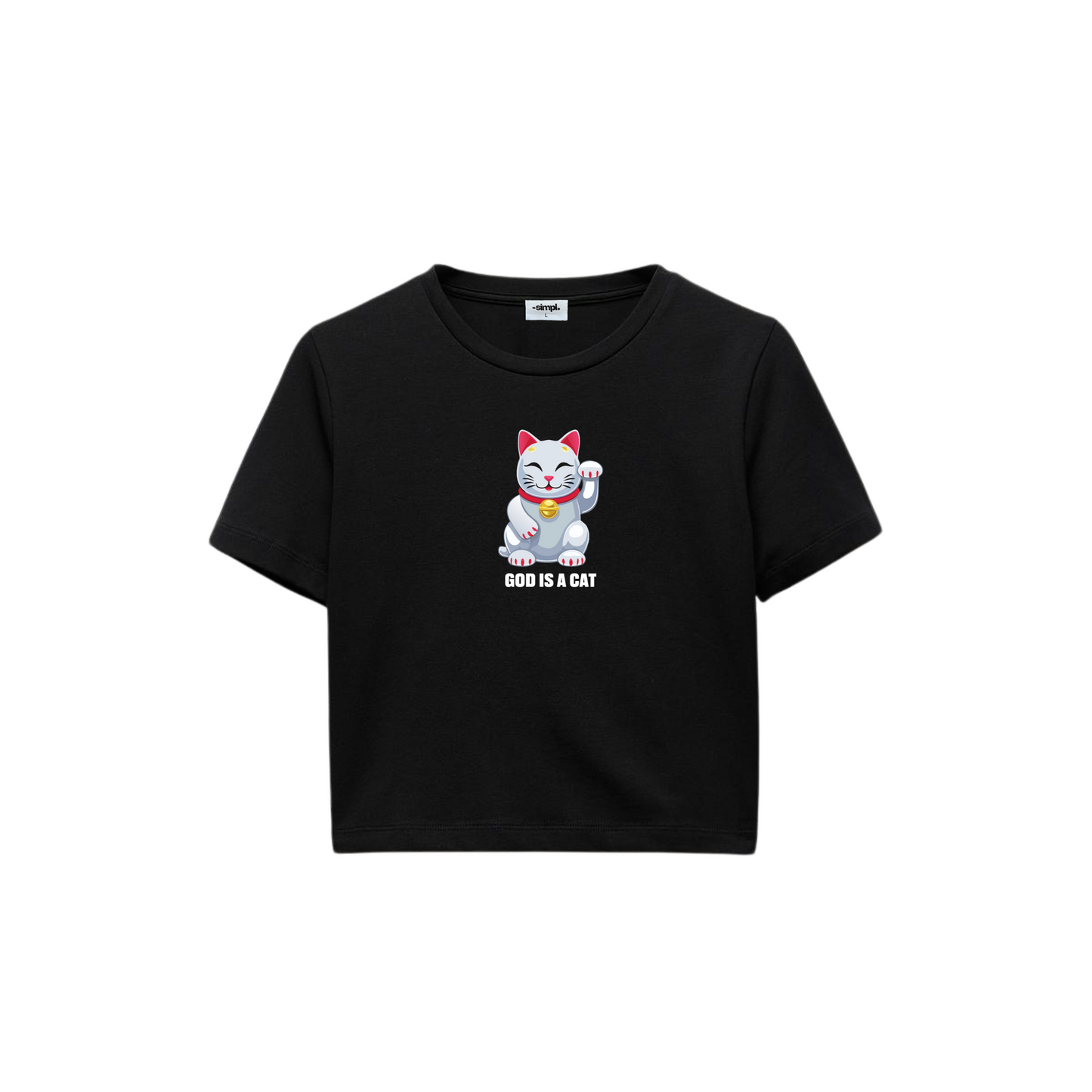 POLERA BABY TEE GOD IS A CAT (NEGRA)