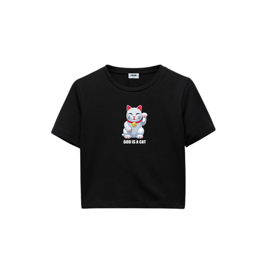 POLERA BABY TEE GOD IS A CAT (NEGRA)